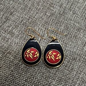 Laurel Burch Bamboo Black and Red Teardrop Earrings